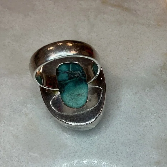Sterling Silver 925 Turquoise Statement Ring Size‎ 7.5 Oval Stone Band - Picture 3 of 7